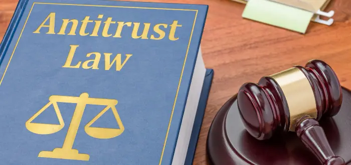 A antitrust law book with a gavel